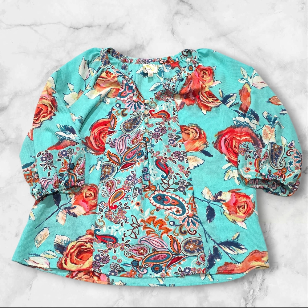 Fig and Flower Turquoise and Red Blouse Shirt Size Medium (M) B13